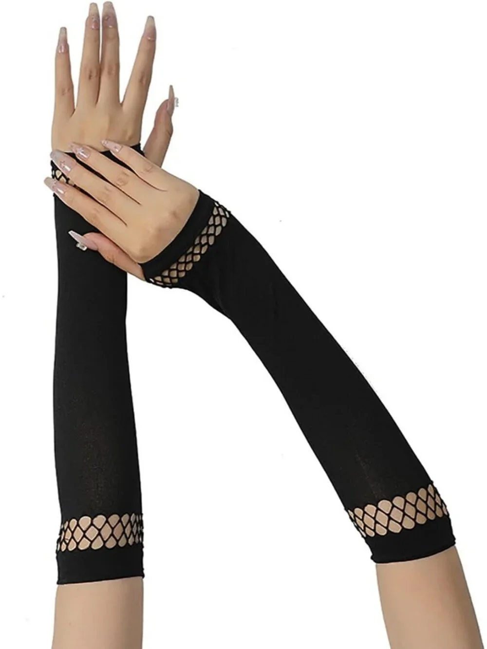 Women's Black Long Solid Arm Warmers Fishnet Mesh Trim Fingerless Gothic Gloves